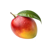 A yellow and red ripe mango with green leaf isolated on transparent background png