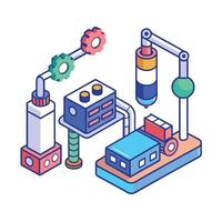 Isometric factory illustration with gears and robotic arm, perfect for industrial design vector
