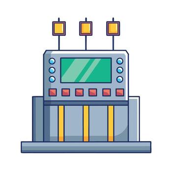 Cartoon style factory machine with display screen and yellow indicator lights vector