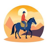 Equestrian adventure Man riding a horse through desert landscape at sunset vector