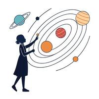 Illustration of a girl interacting with a stylized solar system model vector