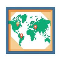 Framed world map illustration with location markers, showcasing global reach and connections vector