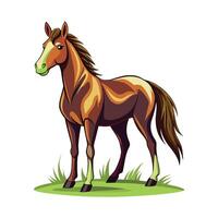 Elegant cartoon horse standing in green grass on white background art illustration vector