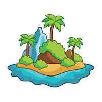 Cartoon Tropical Island with Palm Trees, Mountain, and Blue Water Illustration vector
