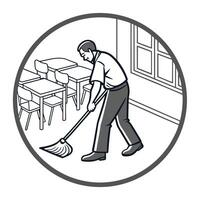 Man mopping floor in empty classroom with desks chairs and a window vector