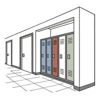 School hallway illustration with lockers and doors, showcasing perspective and linear design vector
