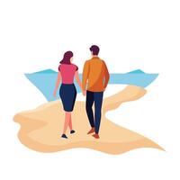 Couple holding hands walking on a beach with blue sea background vector