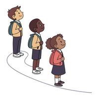 Illustration of three children with backpacks looking up in a line vector