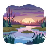 Stylized sunset landscape with cattails, water, and forest silhouettes reflecting in a lake. vector