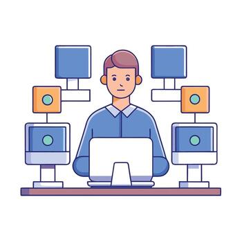 Cartoon office worker with multiple computers representing multitasking and networked systems vector