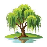 Cartoon willow tree on a small island with water reflection, idyllic scene vector