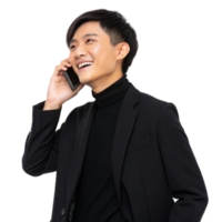 Business professional engages in cheerful conversation on phone, showcasing positive attitude and connection with people png