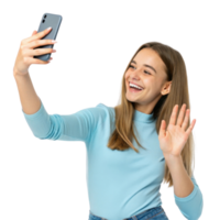 Smiling young woman taking selfie with smartphone, wearing light blue sweater, cheerful expression, waving hand png