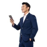 Confident business person smiles while using smartphone, showcasing modern professional look. This captures essence of success and communication png