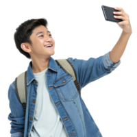 Teen boy taking selfie with smartphone, smiling, wearing denim jacket and backpack, cheerful expression, modern lifestyle, technology use png