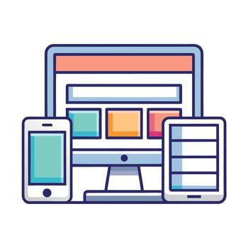Responsive website design illustration featuring computer screen, phone and tablet on white background vector