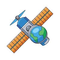 Cartoon satellite with Earth globe and solar panels orbiting in space vector