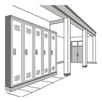 School hallway with lockers perspective view illustration in white and grey tones vector