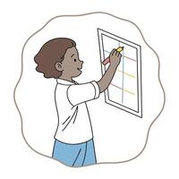 Young student creatively drawing colorful grid on white paper using marker vector