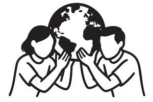 Two people holding hands with a globe in the middle vector