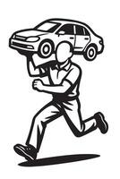 Car mechanic running with car on his back vector