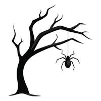 A black and white illustration of a spider hanging from a tree vector