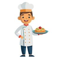Chef holding plate with cake, cartoon illustration vector