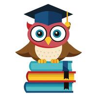 Owl sitting on books with graduation cap illustration vector