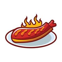 Hot dog on a plate with fire on it vector