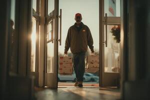 A man carrying two boxes out of an open door photo