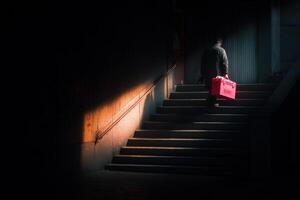 A man carrying a red suitcase down a set of stairs photo