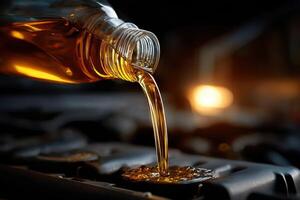 A bottle of oil pouring from the engine of a car photo