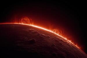 The sun is seen in the distance with bright red light photo