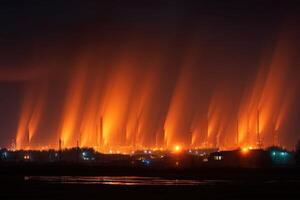 A large factory with smoke coming out of it at night photo