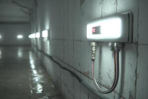 A row of lights in a dark room photo