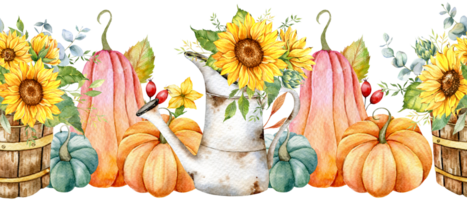 Fall Garland with Pumpkins, Sunflowers and Leaves. Fall Seamless Horizontal Background. Autumn Watercolor Illustration. Fall Flower Design. Fall Botanical garland seamless. Border Frame png