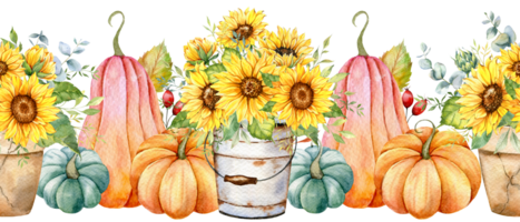 Fall Seamless Garland with Pumpkins, Sunflowers and Leaves. Fall Seamless Horizontal Background. Autumn Watercolor Illustration. Fall Flower Design. Fall Botanical garland seamless. Border Frame png