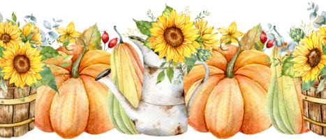 Seamless Fall Garland with Pumpkins, Sunflowers and Leaves. Fall Seamless Horizontal Background. Autumn Watercolor Illustration. Fall Flower Design. Fall Botanical garland seamless. Borders Frame png