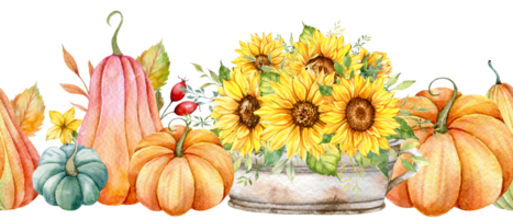 Seamless Fall Garland with Pumpkins, Sunflowers and Leaves. Fall Seamless Horizontal Background. Autumn Watercolor Illustration. Fall Flower Design. Fall Botanical garland seamless. Border Frame png