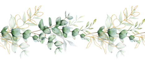 Seamless Eucalyptus Garland with Greenery. Botanical Seamless Horizontal Background. Eucalyptus Watercolor. Eucalyptus Branches Design. Greenery garland seamless. Eucalyptus Border png