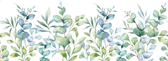 Eucalyptus Design with Greenery. Botanical Seamless Horizontal Background. Eucalyptus Watercolor Illustration. Eucalyptus Branches Design. Greenery garland seamless. Eucalyptus Border Frame png