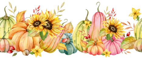 Seamless Fall Garland with Pumpkins, Sunflowers and Leaves. Autumn Seamless Horizontal Background. Autumn Watercolor Illustration. Fall Flower Design. Fall Botanical garland seamless. Border Frame png