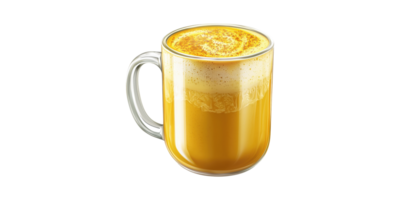 Glass Mug Of Turmeric Latte With Frothy Top. Healthy Beverage With Anti-Inflammatory Benefits Isolated On Transparent Background png