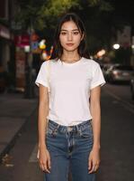Young woman in white tee and jeans stands on a city street posing for a photo