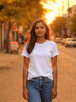indian model in white tshirt front view evening time photo