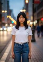 young asian woman in white tshirt and jeans standing on street photo
