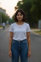 Young girl in round neck white tee standing outside mockup photo