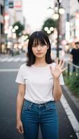 Woman in white round neck plain tshirt showing five fingers on a street photo