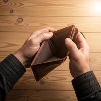 Man holds an empty wallet showing financial hardship and lack of money photo