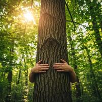 Person hugging a large tree trunk in a sunlit forest with green foliage photo